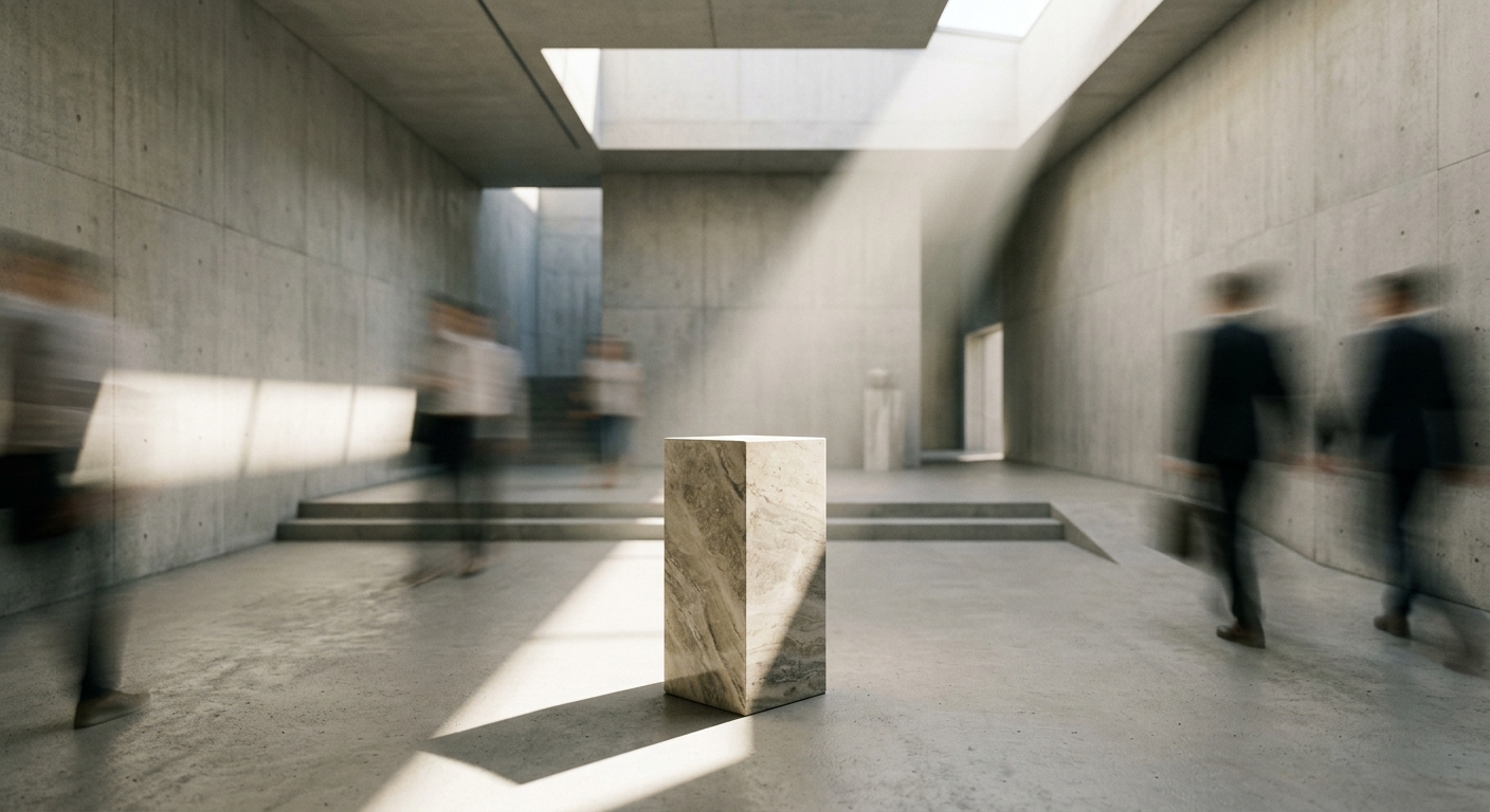 A marble pedestal in a minimalist concrete hall with sunlight streaming down and blurred people walking past